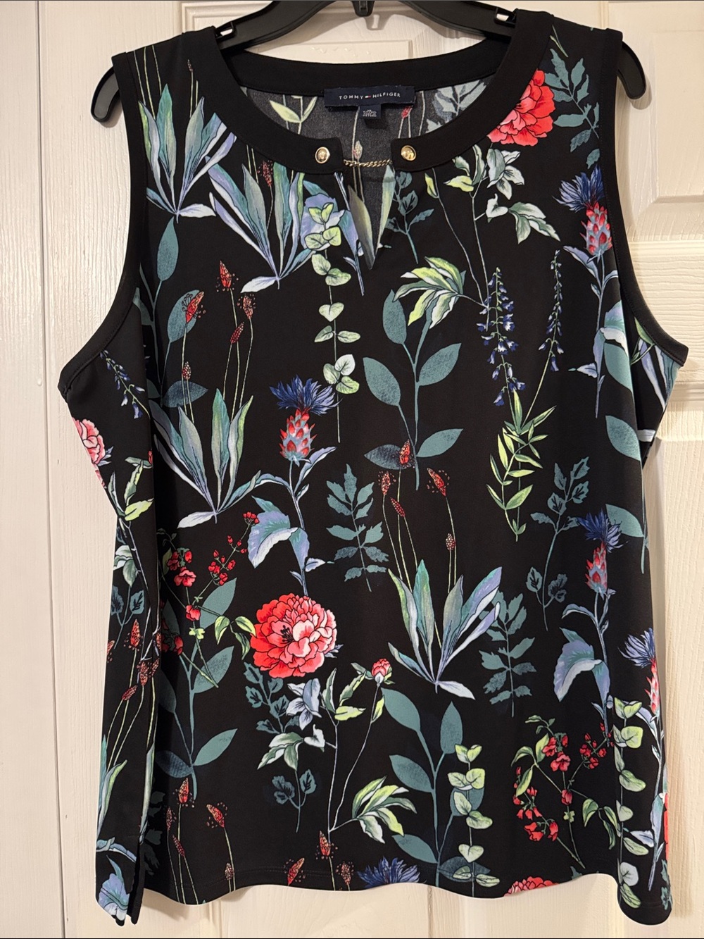 Tommy Hilfiger Black Floral Sleeveless Shell with Gold Accent